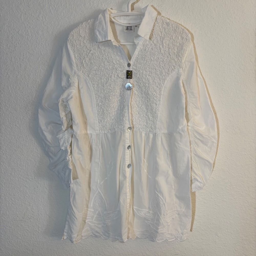 Parsley & Sage Button Down Tunic Women Medium White Embroidery Crinkle Cotton